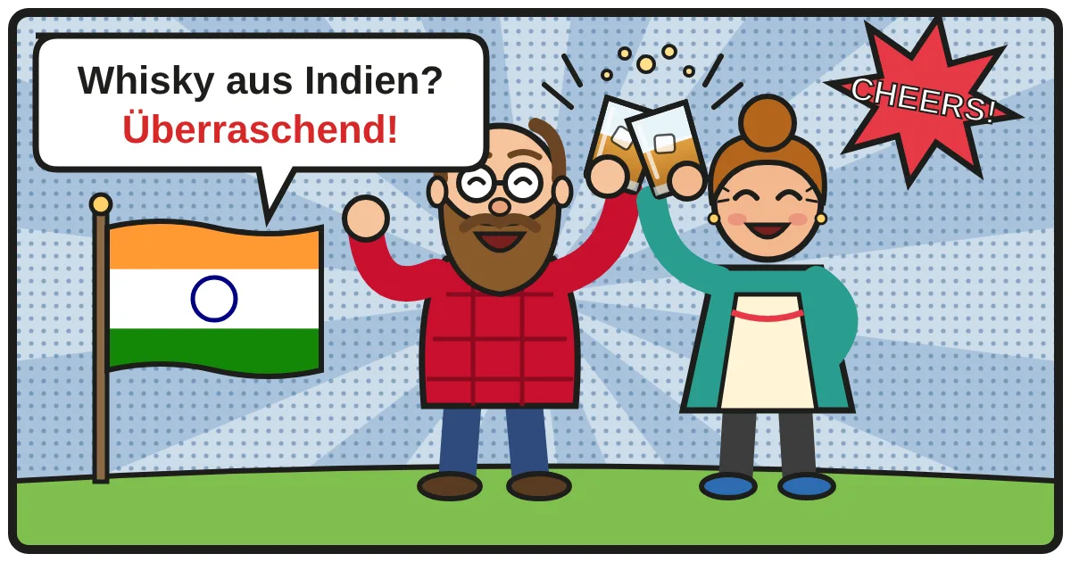 Comic: Zwei Whiskyfreunde stoßen an – Indischer Whisky
