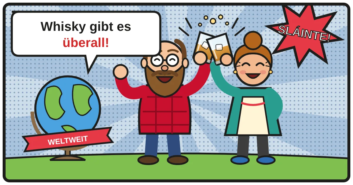 Comic: Zwei Whiskyfreunde stoßen an – Whisky aus aller Welt