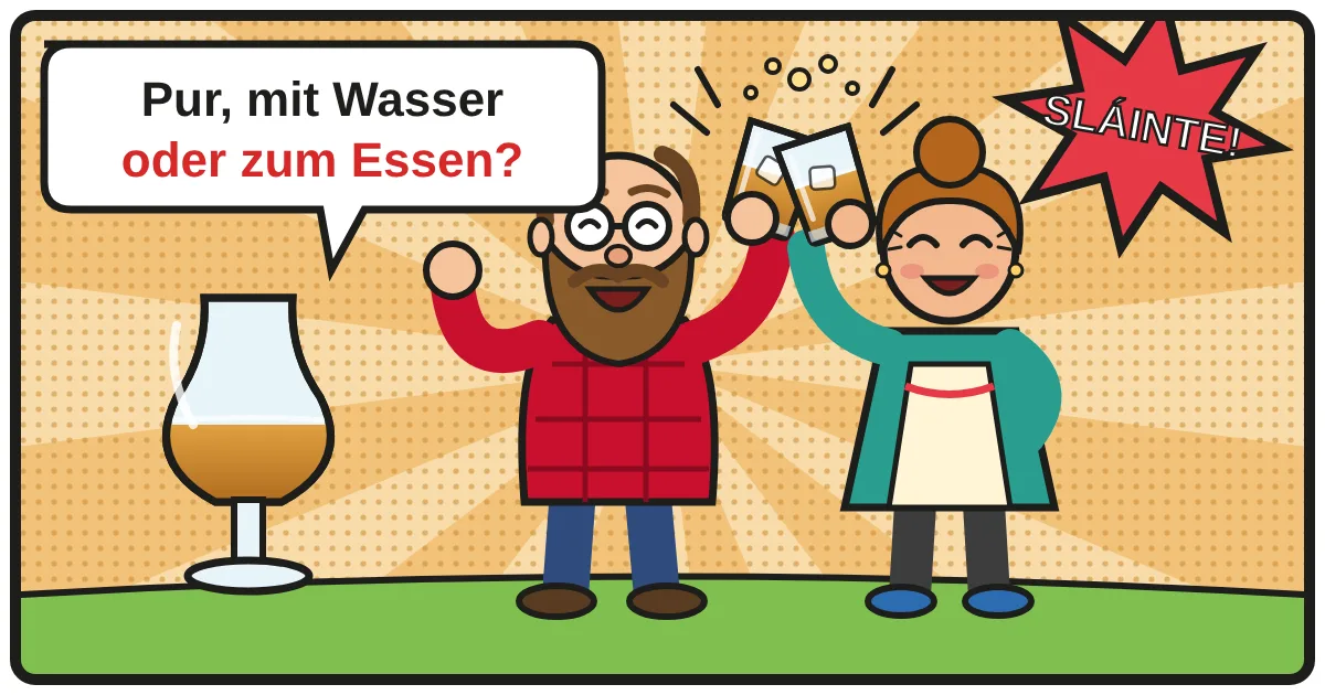 Comic: Zwei Whiskyfreunde stoßen an – Genuss, Servieren & Food-Pairing