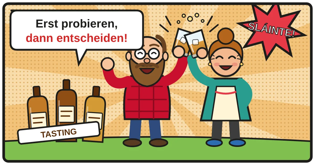 Comic: Zwei Whiskyfreunde stoßen an – Whisky Tasting-Sets